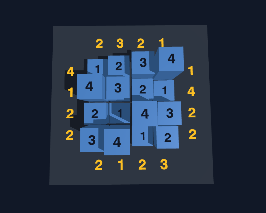 An isometric view of a Skyscraper Sudoku puzzle.
