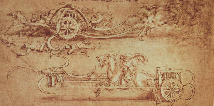 Leonardo da Vinci’s original drawing of the Scythed Chariot war machine. da Vinci's original drawing of the Scythed Chariot