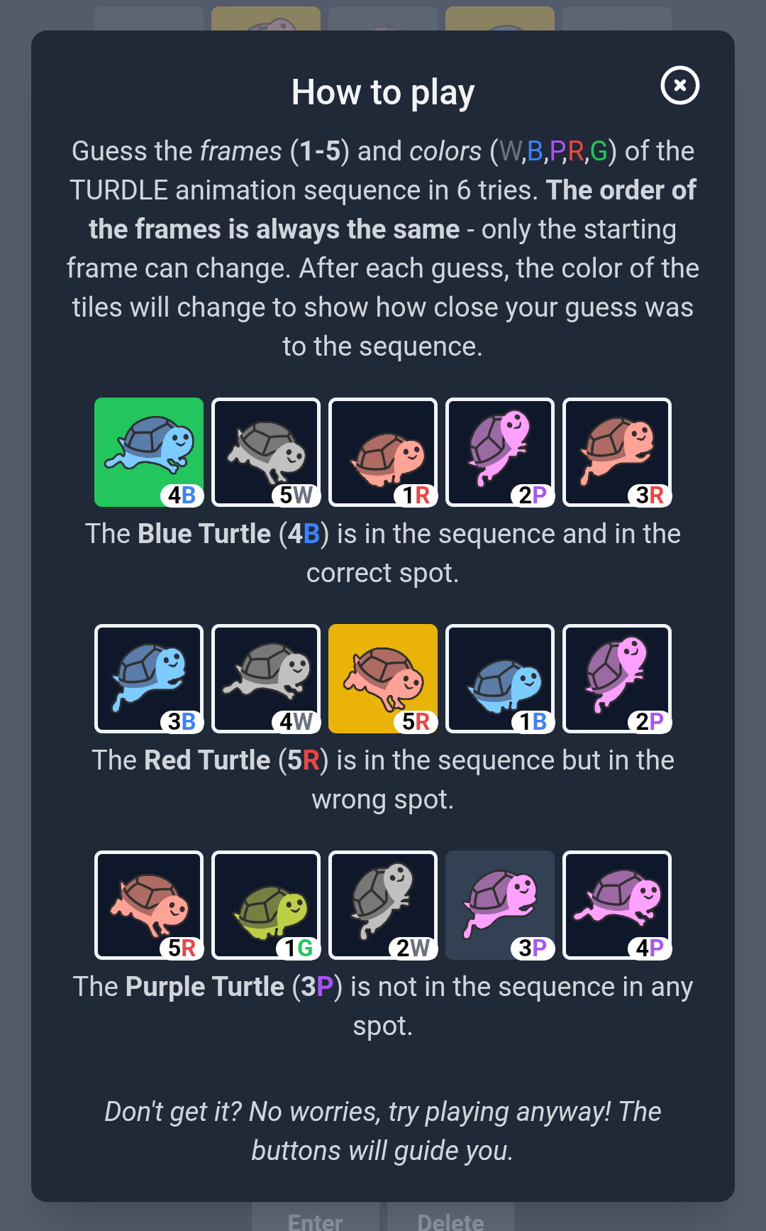 Turdle game interface showing gameplay instructions